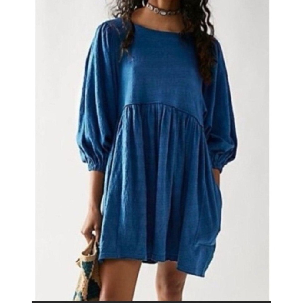 Free People Beach Get Obsessed Babydoll Dress Mini Oversized Boho Navy Blue XS